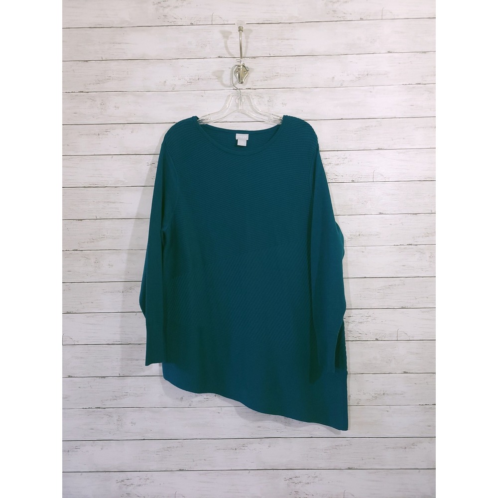 Chicos Asymmetric Hem Ribbed Tunic Sweater Striking Teal‎ Blue Size Large